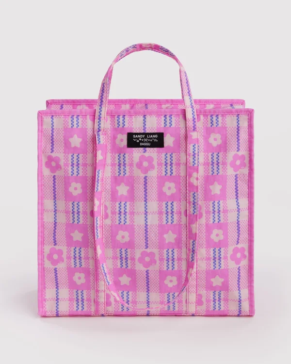 Large Nylon Market Bag - Market Plaid Pink - Size: OS