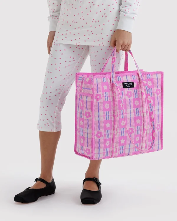 Large Nylon Market Bag - Market Plaid Pink - Size: OS