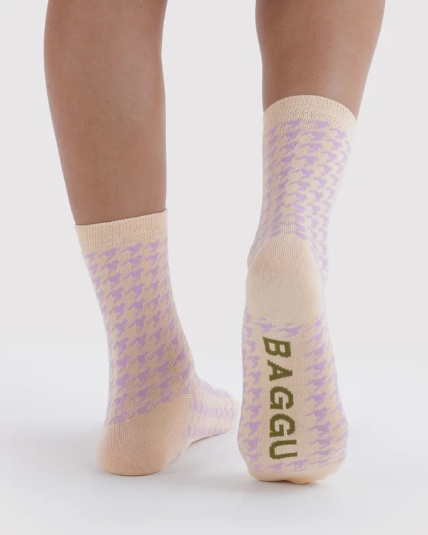 Crew Sock - Pink Houndstooth - Material: organic-cotton