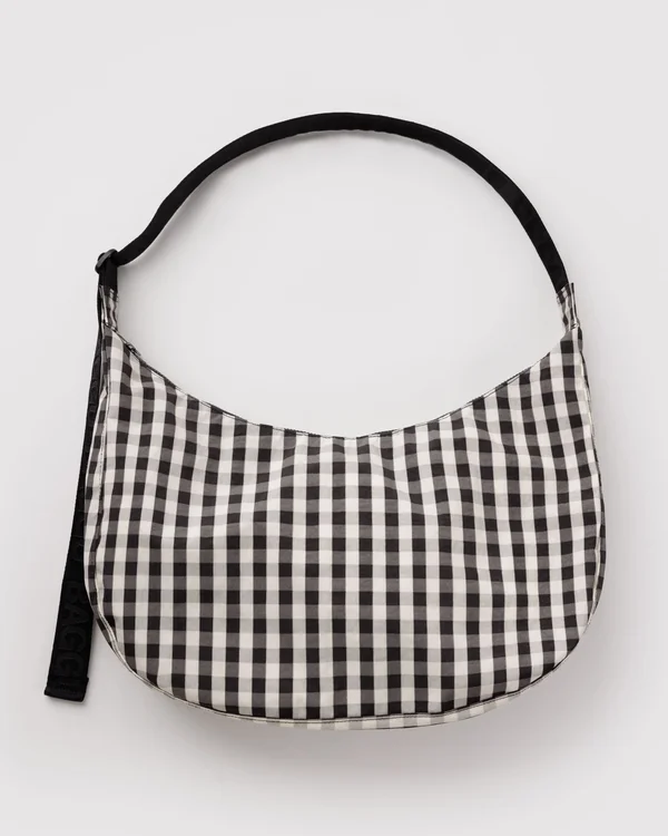 Large Nylon Crescent Bag - Black And Cream Gingham - Size: OS