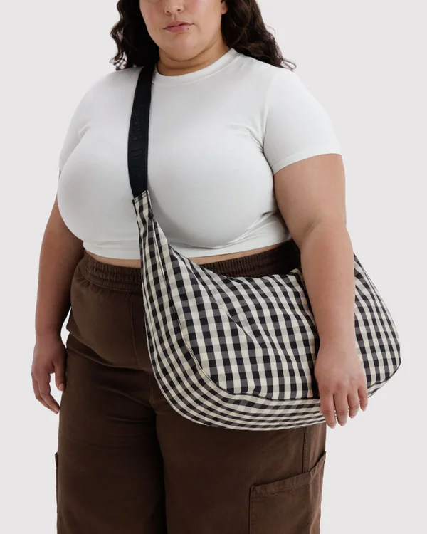 Large Nylon Crescent Bag - Black And Cream Gingham - Size: OS
