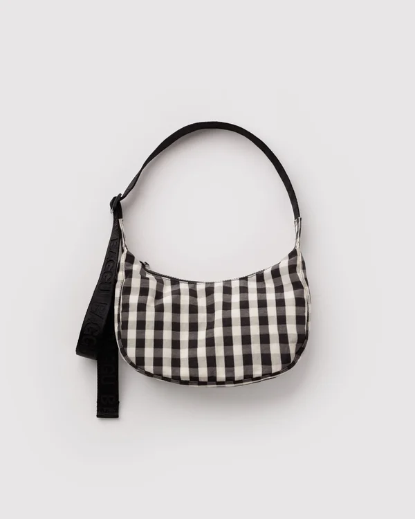 Small Nylon Crescent Bag - Black And Cream Gingham