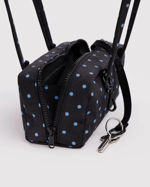 Small Nylon Bowler Bag - Black And Sky Blue Micro Dot - Material: heavyweight-nylon